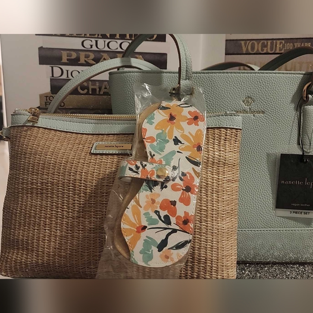 Nanette Lepore 3 piece set, bag, pouch, sunglass case, gift set
